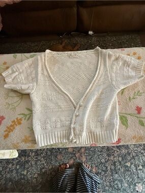 Cream Knit Short-Sleeve Button Cardigan Sweater